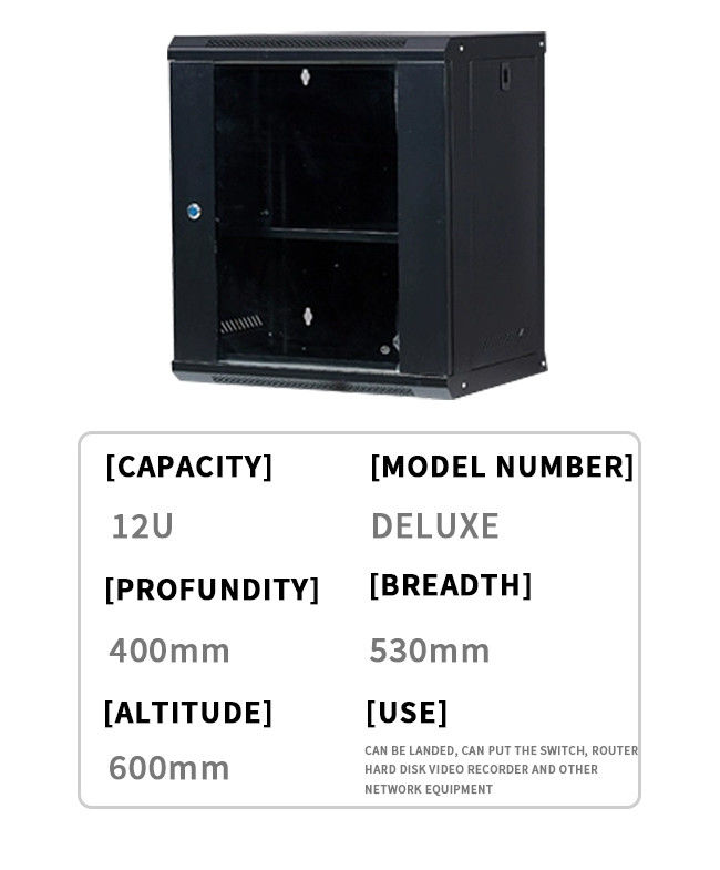 12U Kabinet Jaringan Wall Mount, 4- Post Struktur Fan- dibantu Rack Jaringan dengan sistem ventilasi tahan lama